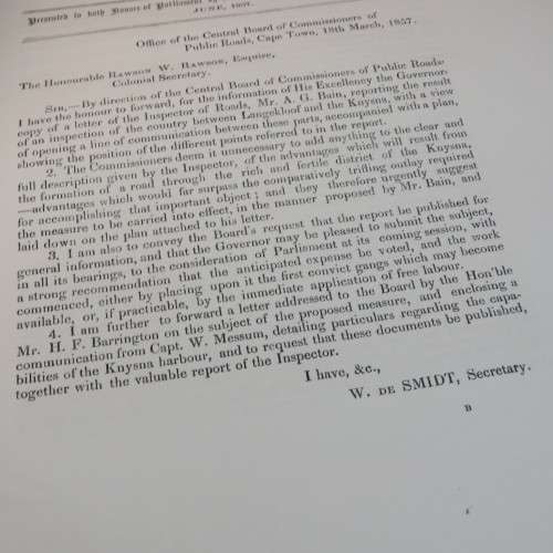 1857 Cape of Good Hope communication conveying a report of inspector BAIN on a proposed road