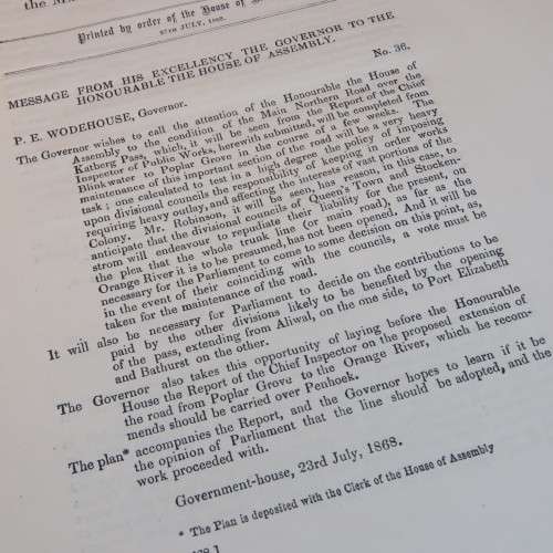 1868 Cape of Good Hope message from the Governor P.E. Wodehouse to the House of Assembly