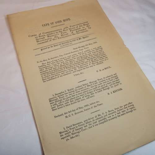 1865 Cape of Good Hope correspondence as to the bad state of the road through Meiring`s pass