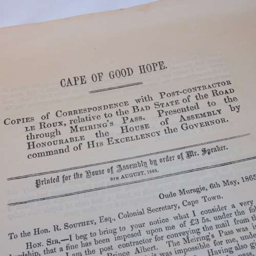 1865 Cape of Good Hope correspondence as to the bad state of the road through Meiring`s pass