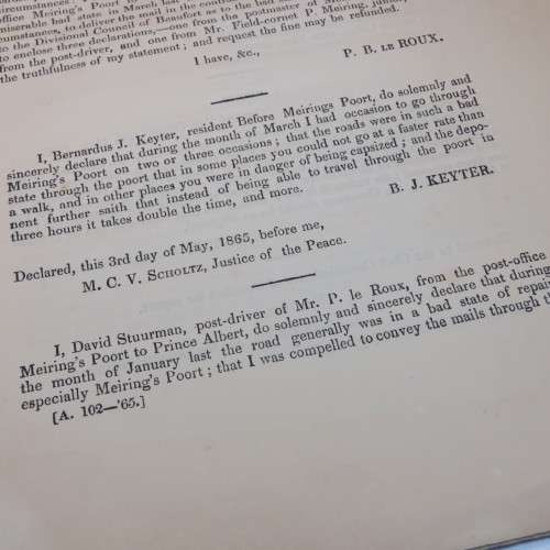 1865 Cape of Good Hope correspondence as to the bad state of the road through Meiring`s pass