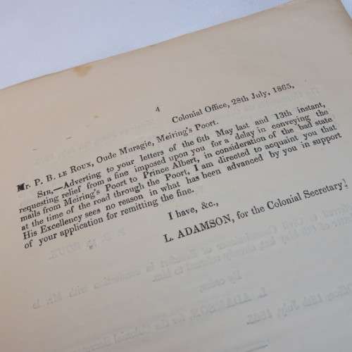 1865 Cape of Good Hope correspondence as to the bad state of the road through Meiring`s pass