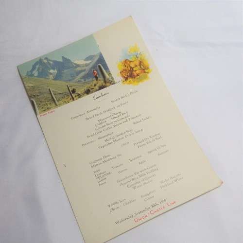 Union Castle `SS Kenya Castle` Lunch menu - September 30th, 1959