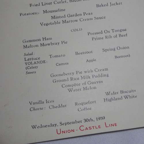 Union Castle `SS Kenya Castle` Lunch menu - September 30th, 1959