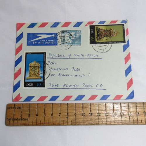 Postal History - Airmail cover from Schmollm DDR to Paarl, South Africa with 4 DDR stamps cancelled