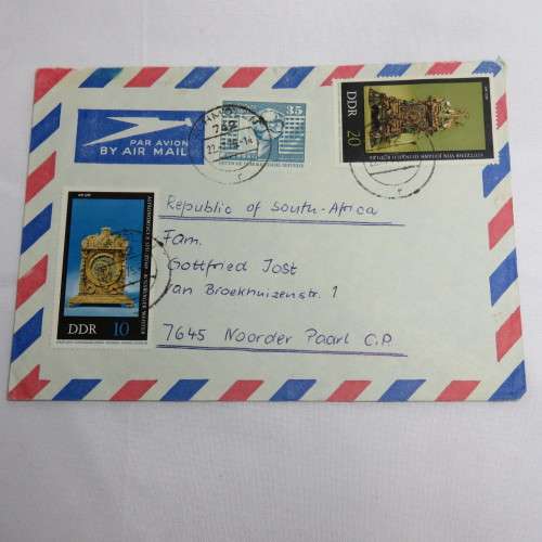 Postal History - Airmail cover from Schmollm DDR to Paarl, South Africa with 4 DDR stamps cancelled