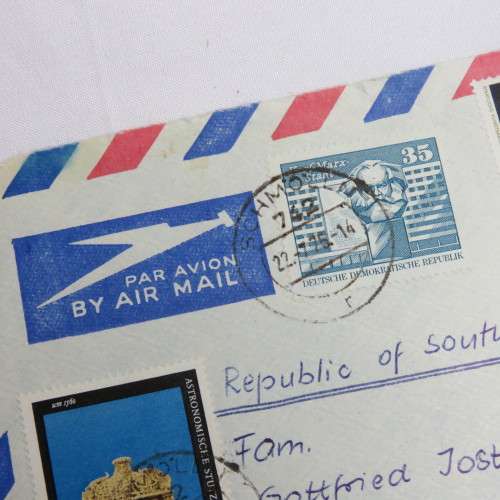 Postal History - Airmail cover from Schmollm DDR to Paarl, South Africa with 4 DDR stamps cancelled