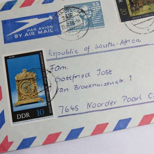 Postal History - Airmail cover from Schmollm DDR to Paarl, South Africa with 4 DDR stamps cancelled