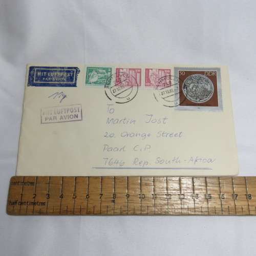 Postal History - Airmail cover from Schmolln, DDR to Paarl, South Africa with airmail tag