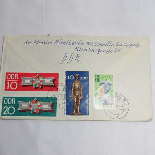 Airmail cover from Schmolln, DDR to Paarl, South Africa with airmail tag and Par Avion ink cancel