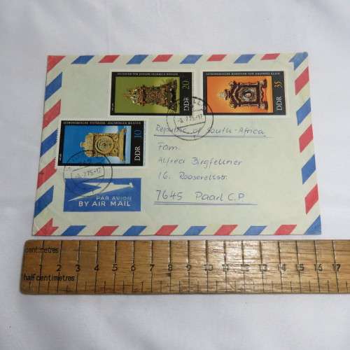 Postal History - Airmail cover from Schmolln, DDR to Paarl, South Africa with 3 DDR stamps