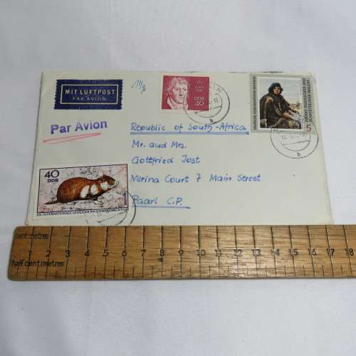 Airmail cover from Schmolln, DDR to Paarl, South Africa with Airmail tag and Par Avion ink cancel