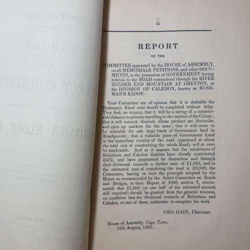 Original 1865 Cape of Good Hope Report of the select committee on the Bushman`s Kloof road
