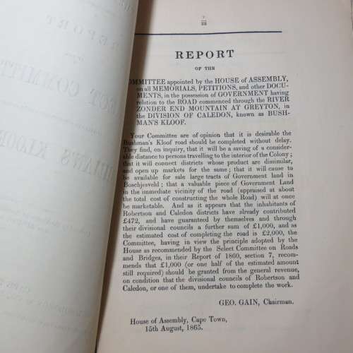 Original 1865 Cape of Good Hope Report of the select committee on the Bushman`s Kloof road