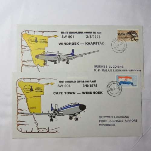 Lot of 2 Suidwes Lugdiens flight covers - Flight SW 904 and SW 901