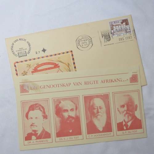 Pair of RSA No. 2.7 First day covers - Genootskap vir regte Afrikaners and Paarl Huguenot