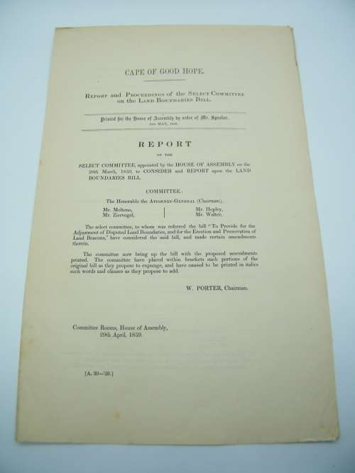 1859 Cape of Good Hope report on the land Boundaries Bill - as per photo