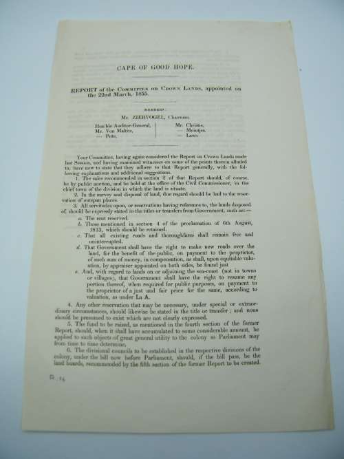 1855 Cape of Good Hope report of the select committee on Crown Land - as per photo