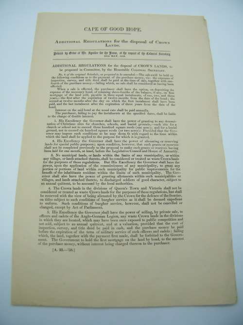 1858 Cape of Good Hope regulations for the disposal of Crown lands - as per photo