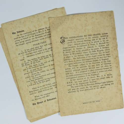 1926 Opening of the Chapel of the old fort program (Durban Light Infantry)