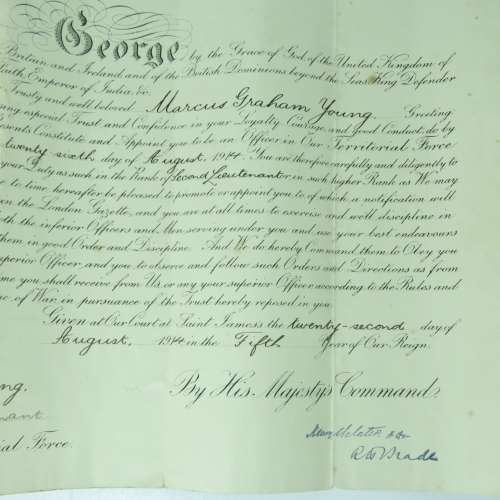 1914 (WW1 period) appointment certificate as an officer in the territorial force - Rare document