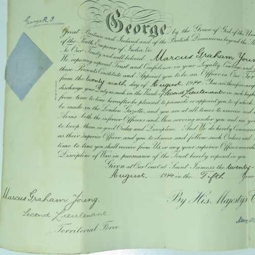 1914 (WW1 period) appointment certificate as an officer in the territorial force - Rare document