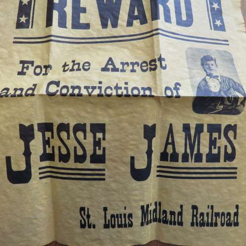 $500 Reward for Jesse James - No 208 Authentic Replica on Antiqued parchment - Size 36 x 28 cm