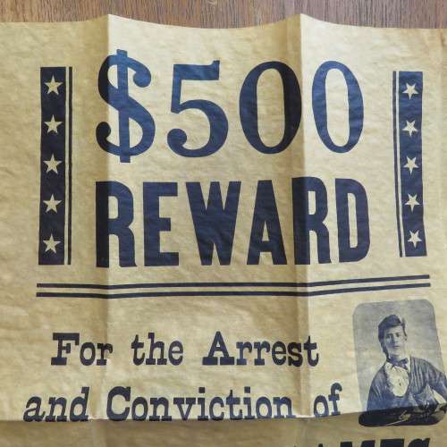 $500 Reward for Jesse James - No 208 Authentic Replica on Antiqued parchment - Size 36 x 28 cm