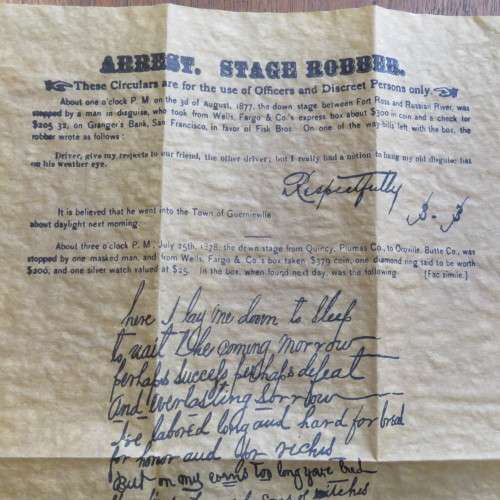 Arrest Stage Robber Black Bart 1878 - No.210 Authentic replica on Antiqued parchment