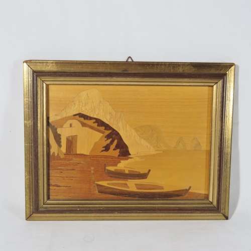 Framed wooden artwork - Ships on shore - Size with frame 18 x 23 cm - Size without frame 12 x 17 cm