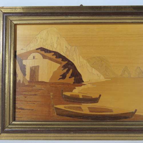 Framed wooden artwork - Ships on shore - Size with frame 18 x 23 cm - Size without frame 12 x 17 cm