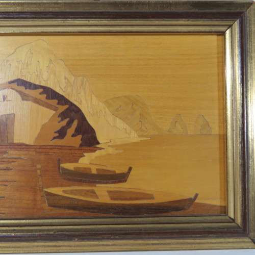 Framed wooden artwork - Ships on shore - Size with frame 18 x 23 cm - Size without frame 12 x 17 cm