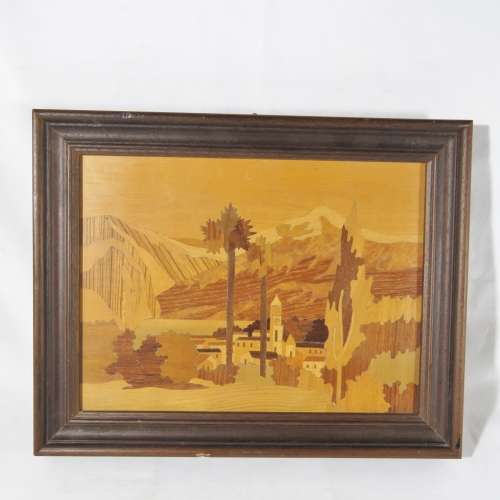 Framed wooden artwork - Small town in valley
