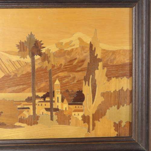 Framed wooden artwork - Small town in valley