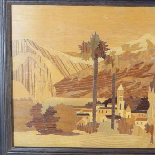 Framed wooden artwork - Small town in valley