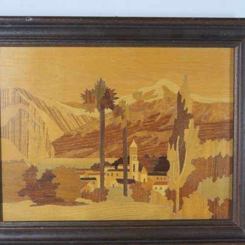 Framed wooden artwork - Small town in valley