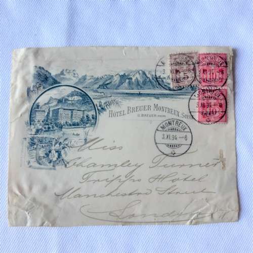 Postal cover from Montreux on Hotel Breuer Montreux Suisse stationary - Dated 3 November 1894