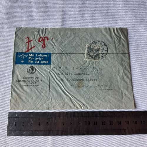 Airmail cover from Basel, Switzerland to London, England with 40 Helvetia stamp -Dated 22 April 1938