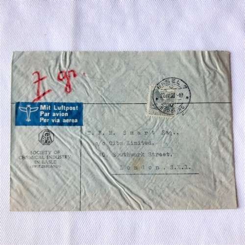 Airmail cover from Basel, Switzerland to London, England with 40 Helvetia stamp -Dated 22 April 1938