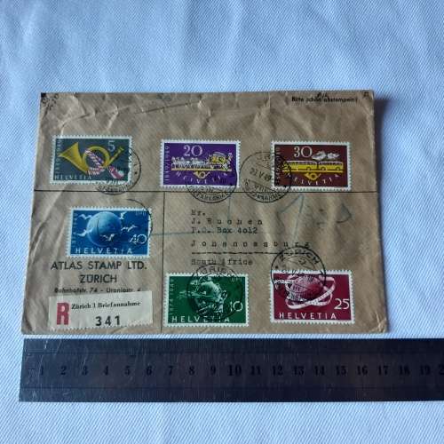 Postal cover from Zurich to Johannesburg, South Africa with 6 Zurich stamps - Dated 20 May 1949