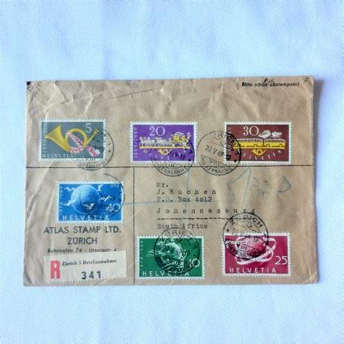 Postal cover from Zurich to Johannesburg, South Africa with 6 Zurich stamps - Dated 20 May 1949