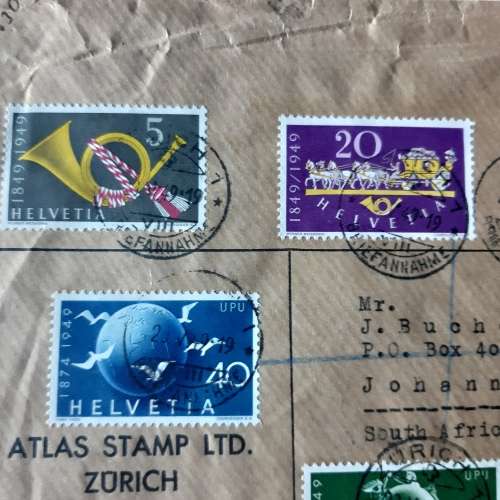 Postal cover from Zurich to Johannesburg, South Africa with 6 Zurich stamps - Dated 20 May 1949