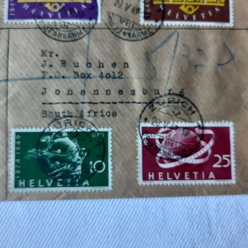 Postal cover from Zurich to Johannesburg, South Africa with 6 Zurich stamps - Dated 20 May 1949