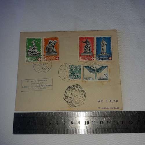 Postal cover from Locarno, Barcelona dated 10 April 1940 with 6 Barcelona stamps