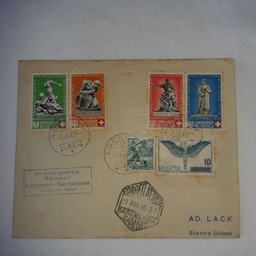 Postal cover from Locarno, Barcelona dated 10 April 1940 with 6 Barcelona stamps