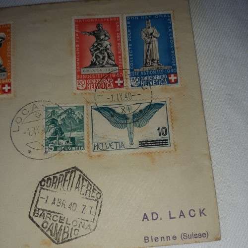 Postal cover from Locarno, Barcelona dated 10 April 1940 with 6 Barcelona stamps