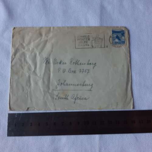 1945 Postal cover from Basel, Switzerland to Johannesburg, South Africa with 30 helvetia Swiss stamp