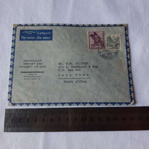 Airmail cover from Zurich to Cape Town, South Africa with 2 Swiss stamps - Dated 9 July 1921