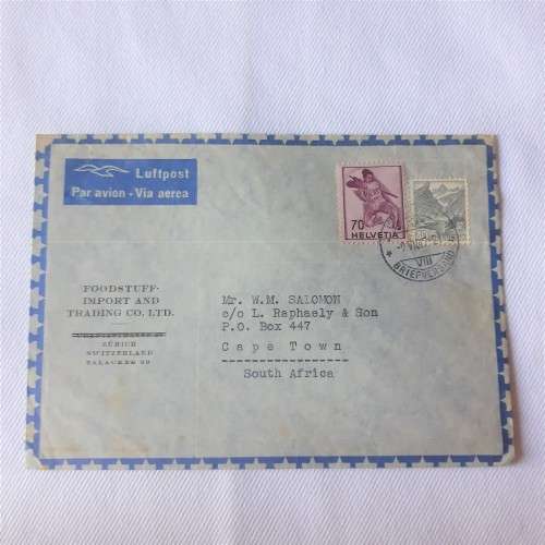 Airmail cover from Zurich to Cape Town, South Africa with 2 Swiss stamps - Dated 9 July 1921