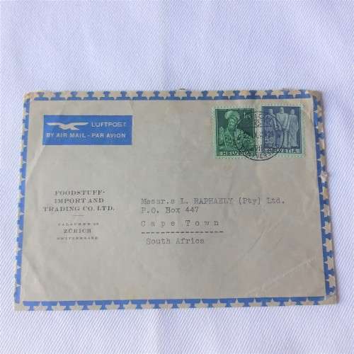 Airmail cover from Zurich to Cape Town, South Africa with 2 Swiss stamps - Dated 22 October 1920